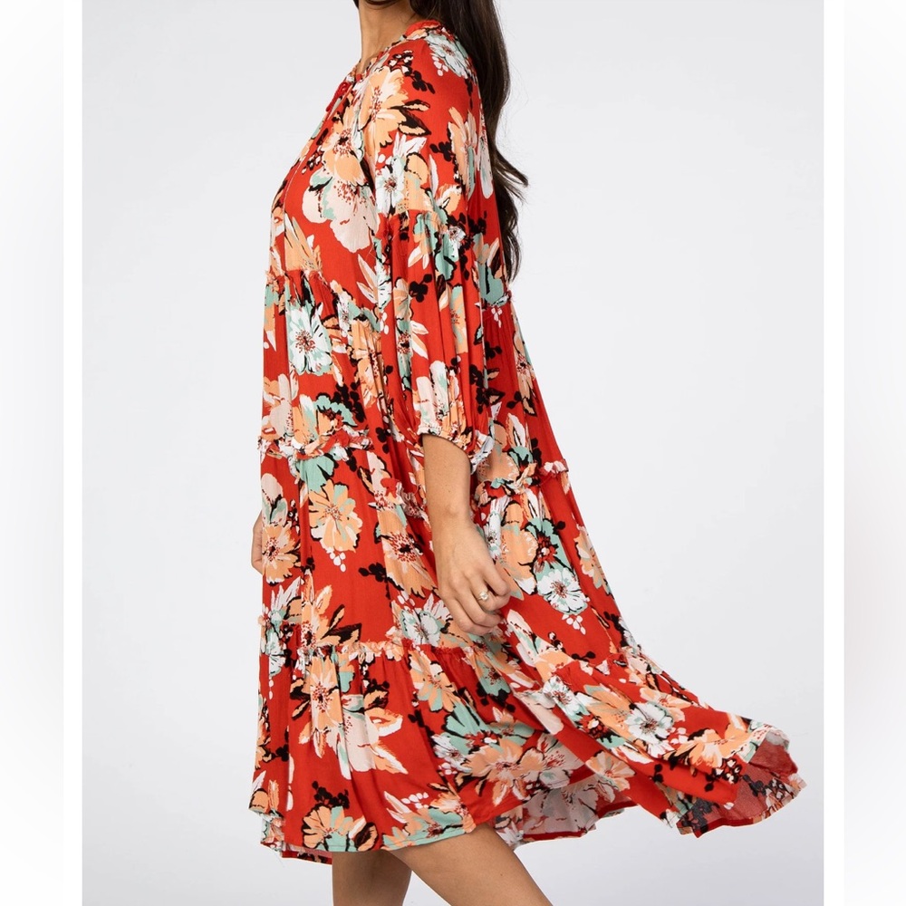 NWT EASEL RED FLORAL DESIGN MIDI TIERED oversized DRESS SMALL COMFY FLOWY NEW - Picture 2 of 11